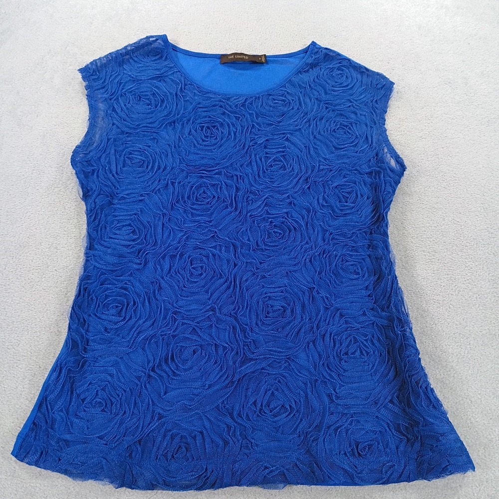The Limited Women Rosette Mesh Overlay Top Royal Blue Small Sleeveless Blouse